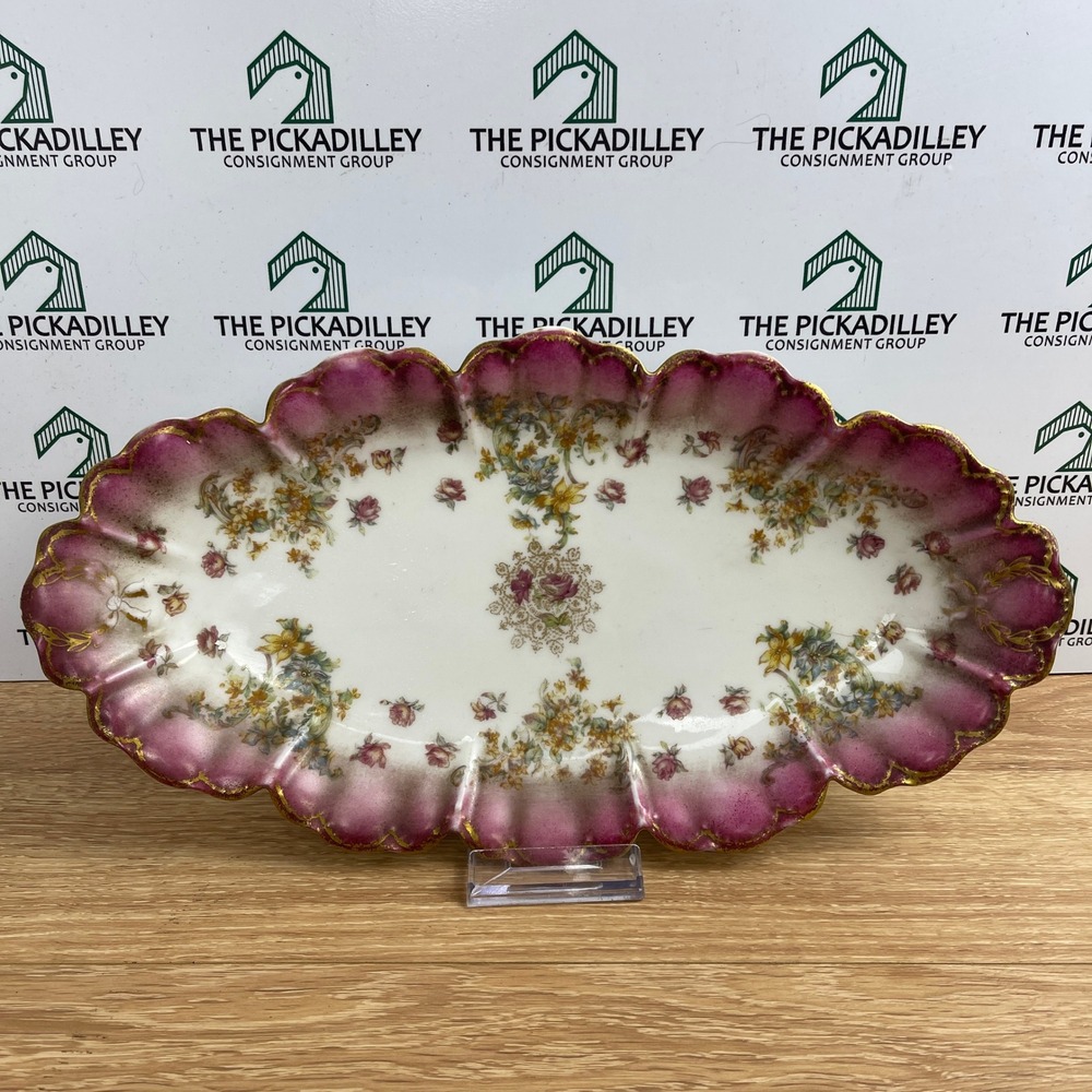 Haviland Limoges France Floral Celery Tray Magenta Scalloped Gold Gilt Antique